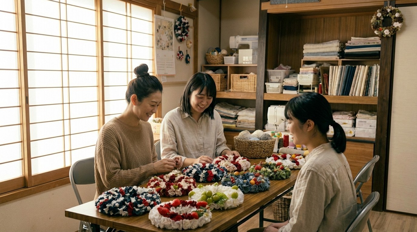 ハンドメイド作品と作業風景